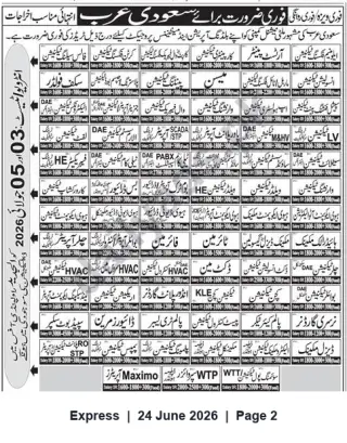Newspaper clipping: Recruitment for Multiple Technical & Non-Technical Positions in Saudi Arabia — Walk-in Interviews on 2026-05-03, Express, 24 Jun 2026