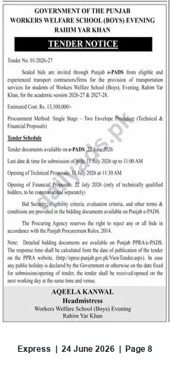 Newspaper clipping: Tender for Student Transportation Services — Workers Welfare School (Boys) Evening, Rahim Yar Khan (Tender No. 01/2026-27), Express, 24 Jun 2026
