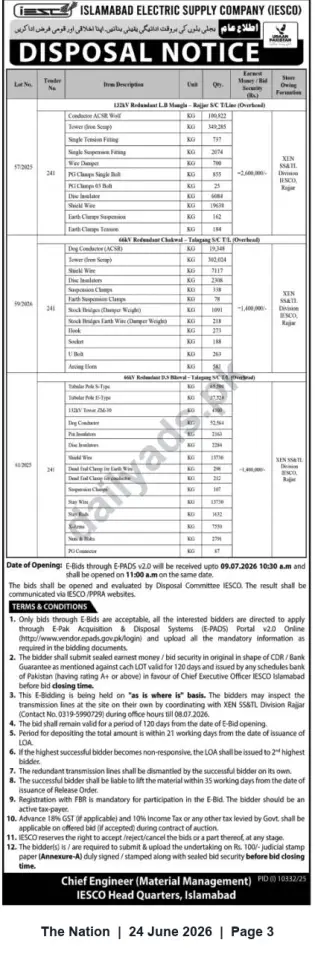 Newspaper clipping: IESCO Disposal Notice — E-Bids for Redundant 132kV / 66kV Line Materials (Closing 2026-07-09), The Nation, 24 Jun 2026