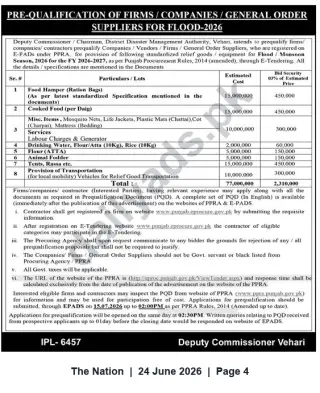 Newspaper clipping: Pre-Qualification Notice — Suppliers for Flood Relief (District Vehari, FY 2026-27), The Nation, 24 Jun 2026