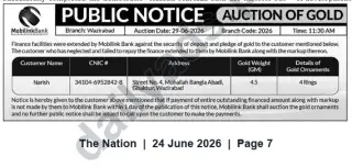 Newspaper clipping: Mobilink Bank Public Notice: Auction of Gold — Wazirabad Branch (29 Jun 2026), The Nation, 24 Jun 2026