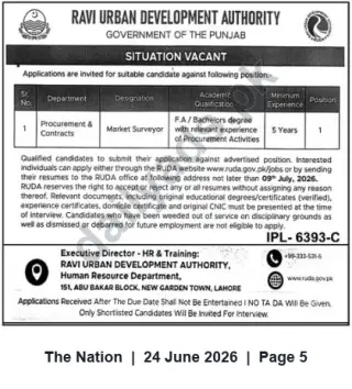 Newspaper clipping: Market Surveyor Vacancy at Ravi Urban Development Authority (RUDA), Lahore, The Nation, 24 Jun 2026
