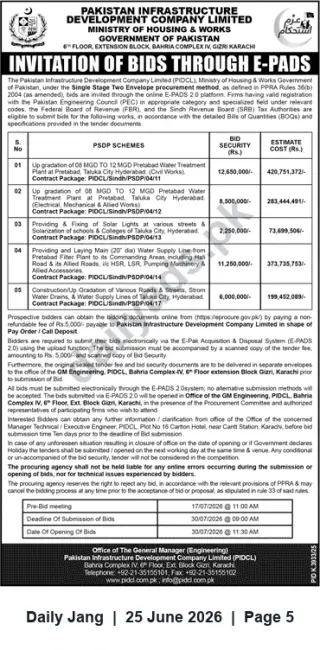 Newspaper clipping: PIDC Invitation of Bids (E-PADS) — Water, Solar & Urban Works, Hyderabad (PSDP Schemes), Jang, 25 Jun 2026