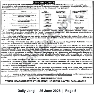 Newspaper clipping: Tender Notice: Framework Contracts for Surgical, Electrical & Miscellaneous Items — THQ Hospital Layyah, Jang, 25 Jun 2026