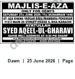 Newspaper clipping: Majlis-e-Aza (Gents) — 27 June 2025, DHA Karachi, Dawn, 25 Jun 2026