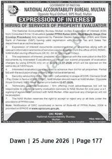 Newspaper clipping: Expression of Interest: Hiring Property Evaluator — NAB Multan, Dawn, 25 Jun 2026
