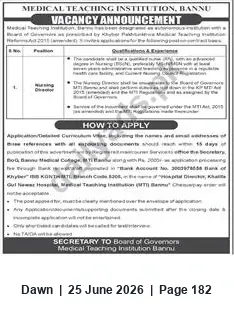 Newspaper clipping: Vacancy Announcement — Medical Teaching Institution (MTI), Bannu, Dawn, 25 Jun 2026