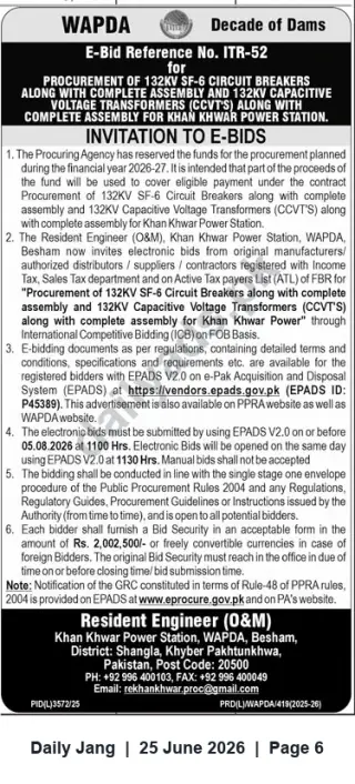 Newspaper clipping: WAPDA Khan Khwar Power Station Tender (E-Bid ITR-52) for 132kV SF6 Circuit Breakers & 132kV CCVTs, Jang, 25 Jun 2026