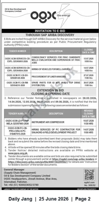 Newspaper clipping: OGDC E-Bid Invitation: Consultancy, Vehicle Hiring, Liner Hangers, Spare Parts & More (Jul 2026), Jang, 25 Jun 2026