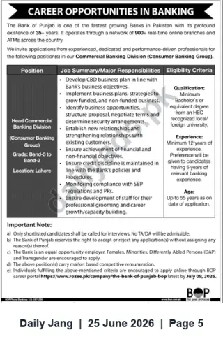 Newspaper clipping: Head Commercial Banking Division (Consumer Banking) – The Bank of Punjab Careers, Jang, 25 Jun 2026