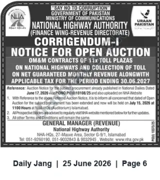 Newspaper clipping: NHA Corrigendum: Open Auction for OM&M Contracts of 11 Toll Plazas — 2026-07-15, Jang, 25 Jun 2026