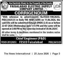 Newspaper clipping: FESCO Corrigendum – EOIs Submission Deadline Extended to 2026-07-22, The News International, 25 Jun 2026