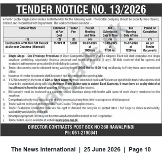 Newspaper clipping: Tender No. 13/2026 — Construction of 94-Men SM Barrack near Chashma (Mianwali), The News International, 25 Jun 2026