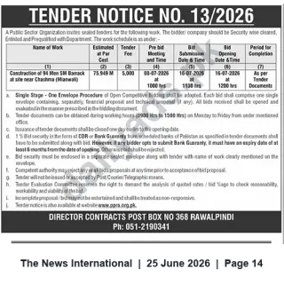 Newspaper clipping: Tender: Construction of 94-Men Barrack near Chashma (Mianwali) — Tender No. 13/2026, The News International, 25 Jun 2026