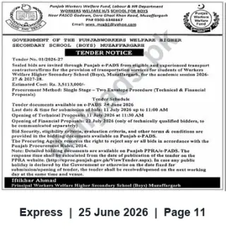 Newspaper clipping: Tender No. 01/2026-27: Student Transportation Services — Workers Welfare H/S School (Boys), Muzaffargarh, Express, 25 Jun 2026