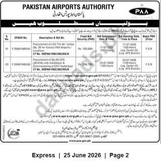 Newspaper clipping: Pakistan Airports Authority Tenders: 26×65" LED TVs & 5×30kVA UPS — Submission via EPADS (July 2026), Express, 25 Jun 2026