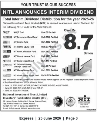 Newspaper clipping: NITL Announces Interim Dividend 2025–26 — Over Rs.8.7 Billion, Express, 25 Jun 2026
