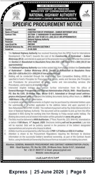 Newspaper clipping: OPEC-Funded Tender: Construction of Hyderabad–Sukkur Motorway (M-6) Section-3 — Nawabshah to Naushahro Feroz, Express, 25 Jun 2026