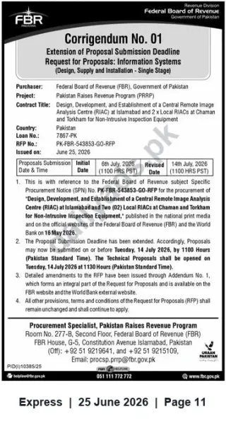 Newspaper clipping: FBR Corrigendum — Proposal Deadline Extended to 14 July 2026 for RIAC Information Systems RFP (PK-FBR-543853-GO-RFP), Express, 25 Jun 2026