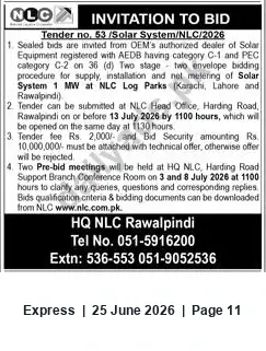 Newspaper clipping: NLC Tender No. 53/Solar System/NI C/2026 — 1 MW Solar System Supply, Installation & Net Metering, Express, 25 Jun 2026