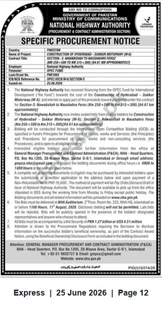 Newspaper clipping: NHA Tender: Construction of Hyderabad–Sukkur Motorway (M-6) — Section 3 Nawabshah to Naushahro Feroz (≈64.61 km), Express, 25 Jun 2026