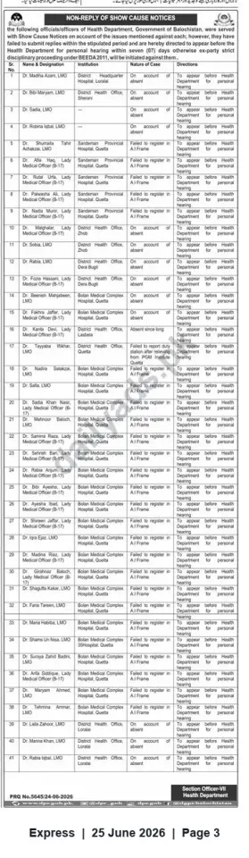 Newspaper clipping: Non-Reply Show-Cause Notices — Health Department, Government of Balochistan, Express, 25 Jun 2026