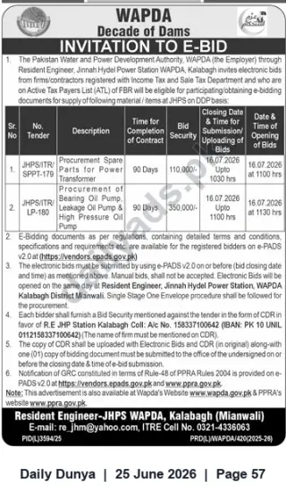 Newspaper clipping: WAPDA Jinnah Hydel Power Station Kalabagh – Invitation to e-Bid for Transformer Spares & Oil Pumps (Closing 2026-07-16), Dunya, 25 Jun 2026