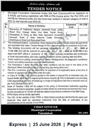 Newspaper clipping: Municipal Corporation Faisalabad Tender: Removal and Refitting of Pedestrian Bridges (Closing 2026-07-17), Express, 25 Jun 2026