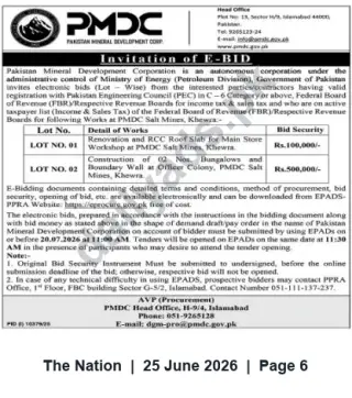 Newspaper clipping: PMDC Invitation for E-Bids: Renovation and Construction Works at Khewra Salt Mines, The Nation, 25 Jun 2026