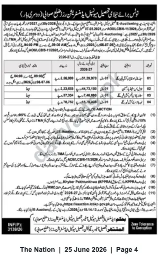 Newspaper clipping: TMA e-Auction Notice for Lease of Municipal Commercial Units (FY 2026-27) — Khyber Pakhtunkhwa, The Nation, 25 Jun 2026