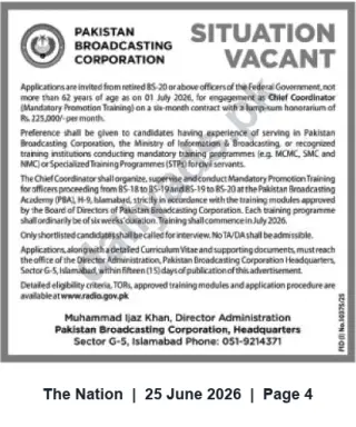 Newspaper clipping: Pakistan Broadcasting Corporation Hiring Chief Coordinator (Mandatory Promotion Training) — 6-Month Contract, The Nation, 25 Jun 2026