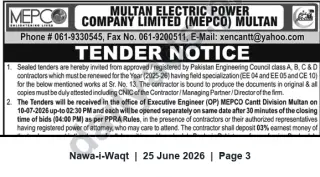 Newspaper clipping: MEPCO Multan Tender Notice for PEC-Registered Contractors (Closing 2026-07-10), Nawa-i-Waqt, 25 Jun 2026