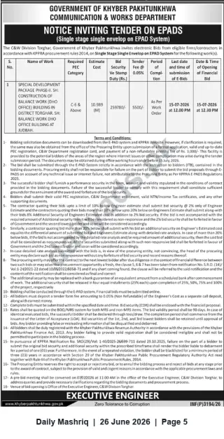 Newspaper clipping: C&W Division Torghar Tender: Balance Work for DHO Office Building (Special Development Package Phase-II), Daily Mashriq, 26 Jun 2026