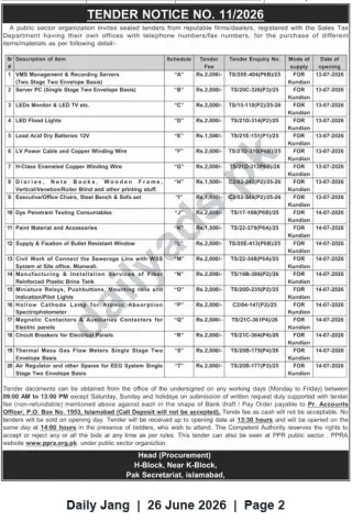 Newspaper clipping: Tender Notice No. 11/2026 – Supply of Equipment, Materials & Services for Kundian (Issued by Pak Secretariat, Islamabad), Jang, 26 Jun 2026