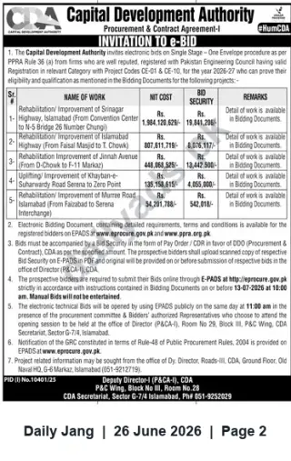 Newspaper clipping: CDA Invitation to e-Bid for Rehabilitation & Improvement Works in Islamabad, Jang, 26 Jun 2026