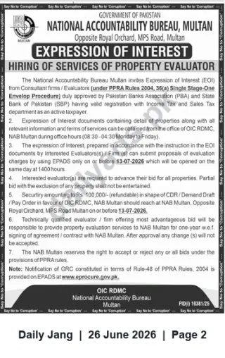 Newspaper clipping: NAB Multan EOI for Property Evaluation Services — Submit by 2026-07-13, Jang, 26 Jun 2026