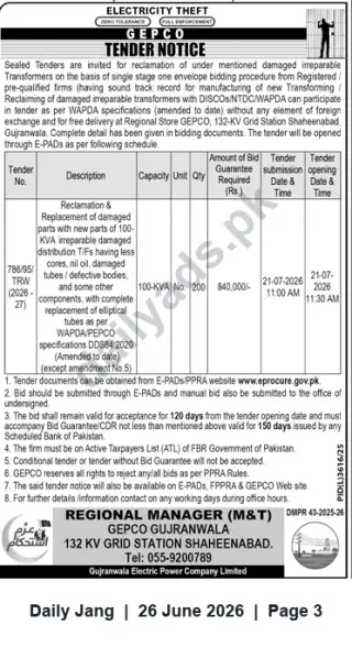 Newspaper clipping: GEPCO Tender: Reclamation & Replacement of 100-kVA Distribution Transformers (Tender No. 786/95/TRW), Jang, 26 Jun 2026