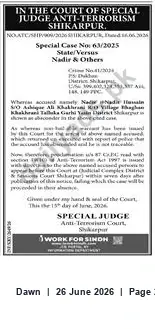 Newspaper clipping: Anti-Terrorism Court Shikarpur Summons — Special Case No. 63/2025 (State vs Nadir & Others), Dawn, 26 Jun 2026