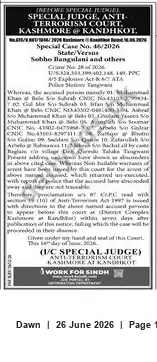 Newspaper clipping: Anti‑Terrorism Court Proclaims Accused in Special Case No. 46/2026 — Kashmore/Kandhkot, Dawn, 26 Jun 2026