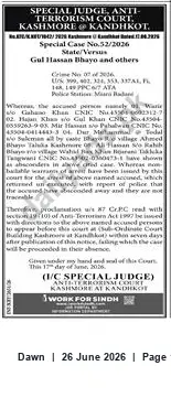 Newspaper clipping: Proclamation to Appear — Special Case No.52/2026, Anti-Terrorism Court Kashmore @ Kandhkot, Dawn, 26 Jun 2026