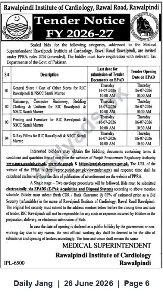 Newspaper clipping: Tender Notice FY 2026-27 — Rawalpindi Institute of Cardiology (Supply & Services), Jang, 26 Jun 2026