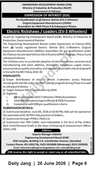 Newspaper clipping: EDB Expression of Interest — Pre-qualification of EV 3-Wheeler Manufacturers for PAVE Phase-II, Jang, 26 Jun 2026