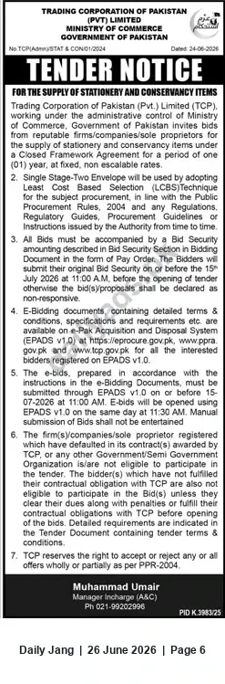 Newspaper clipping: TCP Tender: Supply of Stationery & Conservancy Items (Closed Framework, 1 Year), Jang, 26 Jun 2026