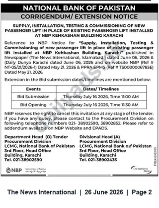 Newspaper clipping: NBP Tender Extension: Supply & Installation of Passenger Lift at Kehkashan Building, Karachi, The News International, 26 Jun 2026