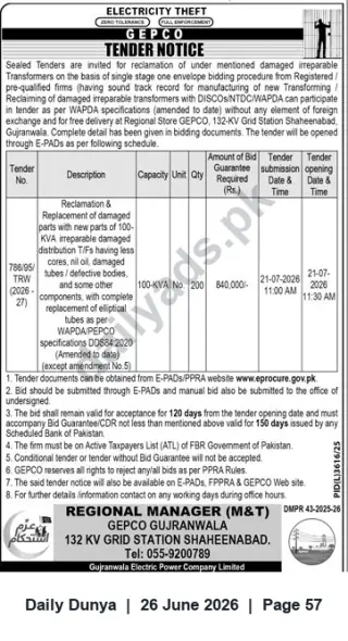 Newspaper clipping: GEPCO Tender: Reclamation & Replacement of Parts for 100-kVA Distribution Transformers (200 Units), Dunya, 26 Jun 2026
