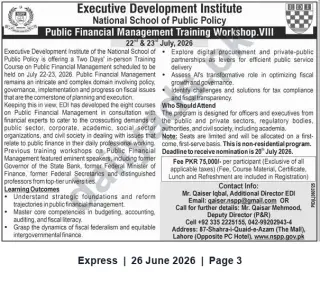 Newspaper clipping: Public Financial Management Training Workshop (22–23 July 2026) — Executive Development Institute (EDI), Express, 26 Jun 2026