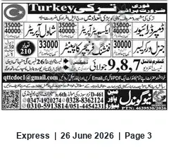 Newspaper clipping: Opportunities in Turkey — Listed Salary Amounts and Contact Details, Express, 26 Jun 2026