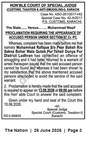 Newspaper clipping: Proclamation Requiring Appearance of Accused Muhammad Wasif — Special Court (Customs, Taxation & Anti-Smuggling-I), Karachi, The Nation, 26 Jun 2026