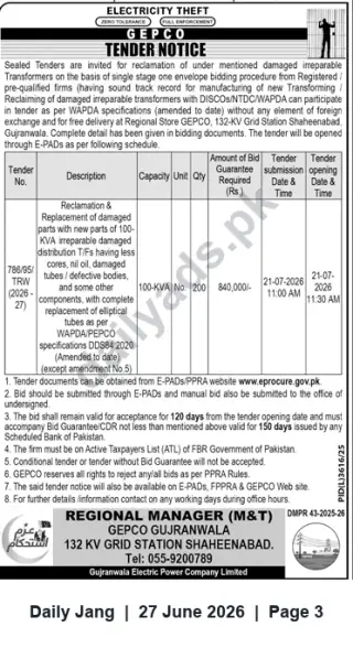 Newspaper clipping: GEPCO Tender for Reclamation & Replacement of 100-kVA Damaged Distribution Transformers (Tender No. 786/95/TRW), Jang, 27 Jun 2026