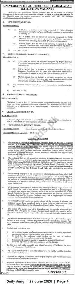 Newspaper clipping: University of Agriculture, Faisalabad — Vacancies: Registrar, Controller of Examinations, Deputy Registrar, Estate Officer & Research Assistants, Jang, 27 Jun 2026